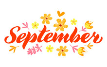 September - Hand Drawn Lettering Month Name. Handwritten Month September For Calendar, Monthly Logo, Bullet Journal Or Monthly Organizer. Vector Illustration Isolated On White. EPS 10