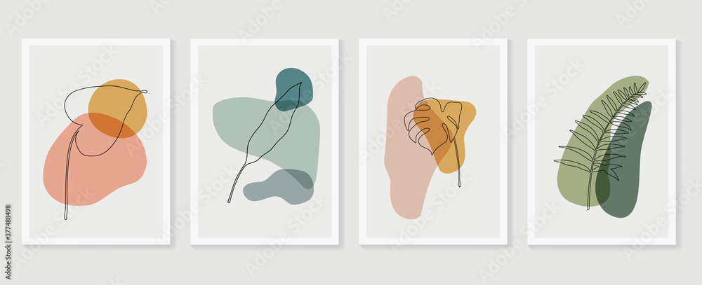 Botanical wall art vector set. Foliage line art drawing with abstract shape.  Abstract Plant Art design for print, cover, wallpaper, Minimal and  natural wall art. Vector illustration. - obrazy, fototapety, plakaty 