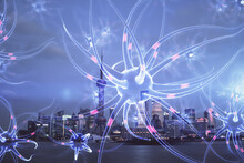Double Exposure Of Neuron Drawing Icon And Cityscape Background. Concept Of Education.