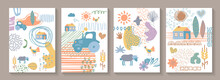 Hand Drawn Various Shapes And Rural Elements. Set Of Covers. Abstract Contemporary Modern Trendy Vector Illustrations.  Various Shapes, Doodle Objects, Farm Items. 