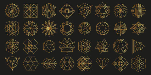 Vector set of linear shapes. Collection of golden geometric shapes on a dark background. Vector set of abstract geometric logos. Art deco, hipster, golden line style.