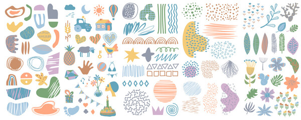 Big set of hand drawn various shapes and doodle objects. Abstract contemporary modern trendy vector illustration. Set of scribble textures and hand drawn floral elements. 