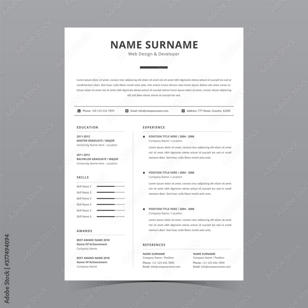 Professional Resume Template Vector Design Stock Vector | Adobe Stock