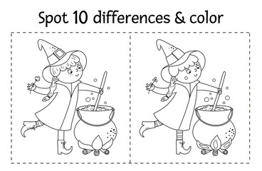 Halloween black and white find differences game for children. Autumn educational activity with funny witch, cauldron, cat. Printable worksheet or coloring page with smiling character. .