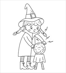 Wall Mural - Cute vector witch practicing witchcraft with magic ball. Halloween black and white character icon. Funny autumn all saints eve illustration with girl in tall hat. Samhain party coloring page for kids