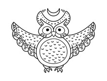 Cute Vector Owl With Spread Wings And Half Moon. Halloween Black And White Icon. Funny Autumn All Saints Eve Illustration With Flying Animal. Samhain Party Coloring Page For Kids. .
