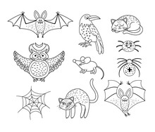 Set Of Vector Black And White Scary Creatures. Halloween Characters Icons Collection. Cute Autumn All Saints Eve Illustration With Bat, Raven, Cat, Owl. Samhain Party Coloring Page. .