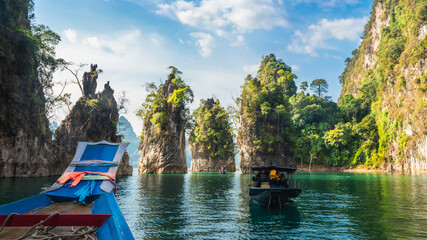 Amazed nature scenic adventure landscape rock mountain island Khao Sok National Park view from traveler boat, Famous landmark tourist travel Thailand vacation trip, Tourism beautiful destination Asia