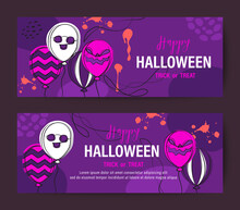 Purple Halloween Holiday Banner Design With Spooky Face Balloon.