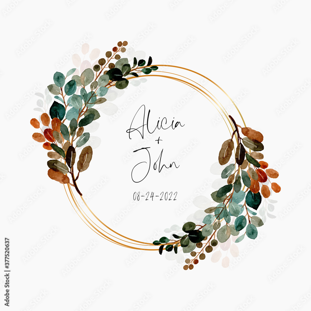 Watercolor green leaves wreath with golden frame Stock Vector | Adobe Stock