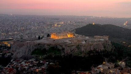 Fototapete - Panorama des beleuchteten Parthenon Tempels auf der Akropolis in Athen, Griechenland, bei Sonnenuntergang