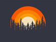 Forest landscape trees silhouettes with sunset on background. T-shirt or poster design illustration. Vector illustration