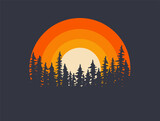 Fototapeta Zachód słońca - Forest landscape trees silhouettes with sunset on background. T-shirt or poster design illustration. Vector illustration