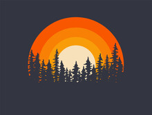 Forest Landscape Trees Silhouettes With Sunset On Background. T-shirt Or Poster Design Illustration. Vector Illustration