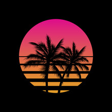 Vintage Styled Sunset With Palm Trees Silhouettes Logo Or Icon Gesign Template On Black Background. Vaporwave Sun. Vector Illustration