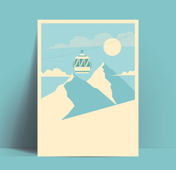 Ski or snowboarding or winter mountains tour poster or flyer design template with mountains silhouettes and mountain lift cabin and blank space for your text. Vector illustration