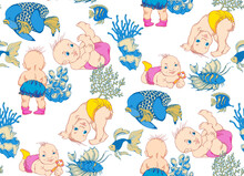 
Baby In A Diaper And Fishs. Seamless Pattern. Vector Illustration. Suitable For Fabric, Mural, Wrapping Paper And The Like. Will Be Well To Look In The Design Of Children's Room