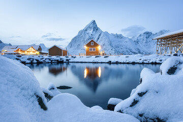 Wall Mural - view on the house in the sarkisoy village, lofoten islands, norway. landscape in winter time during 