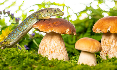 Wall Mural - cute lizard in forest still life with mushrooms