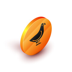 Poster - Isometric Dove icon isolated on white background. Orange circle button. Vector.