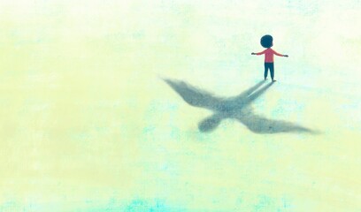illustration of freedom hope dream happiness and life concept, african black boy with flying shadow,