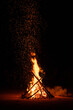 Camp fire in the night. Burning wood at night. Campfire at touristic camp at nature in dark. Flame amd fire sparks on black  background. Hellish fire element. Fuel, power and energy