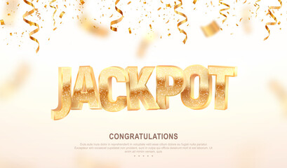 Jackpot golden 3d word on falling down confetti background. Winning vector illustration. Advertising of prize in gamble games on white background