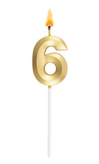 Golden birthday candle isolated on white background, number 6	