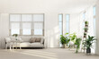 © Jokiewalker - living area in modern contemporary style interior design with wooden window frame and sheer with grey furniture tone 3d rendering