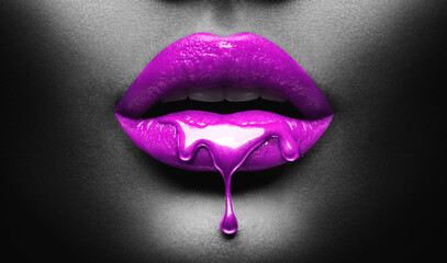 Poster - purple paint dripping, lipgloss drops on sexy lips, bright liquid paint on beautiful model girl's mo