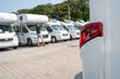 Line of Brand New Camper Vans Motorhomes Awaiting Clients on Dealership Sales Lot. Recreational Vehicles Selling. Caravanning Industry.