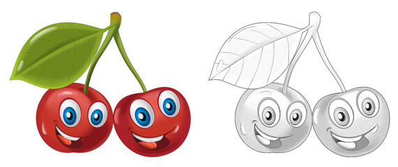 Wall Mural - cartoon sketch scene fruit smiling and looking cherry illustration