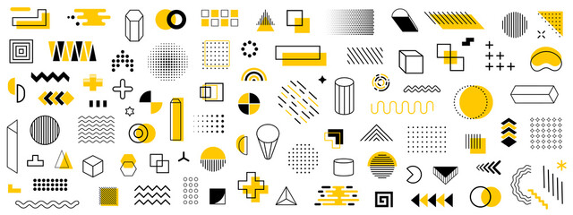 Set of geometric shapes. Memphis design retro elements. Collection trendy halftone geometric shapes. Retro funky graphic, 90s trends designs and vintage print element collection