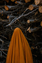 Person Wearing A Ghost Costume Made From Orange  And Standing In The Forest 
