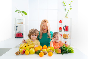 Wall Mural - Happy loving family. Healthy kids food. Healthy food at home.