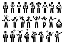 Industrial Workers Feelings, Emotions, And Actions Icons Set. Vector Illustrations Of Construction Worker With Hard Hat And Safety Vest.