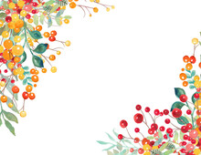 Red And Yellow Berries In Corner Floral Arrangements, Blank Christmas Or Autumn Wedding Or Party Invitations With Colorful Berry Border Design 