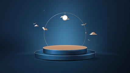 3d Dark blue and gold circle podium display with Halloween ornaments. Luxury concept. Vector Illustration