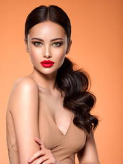 Wall Mural - beautiful white girl with a red lipstick on lips. stunning brunette girl with long hair tail. closeu