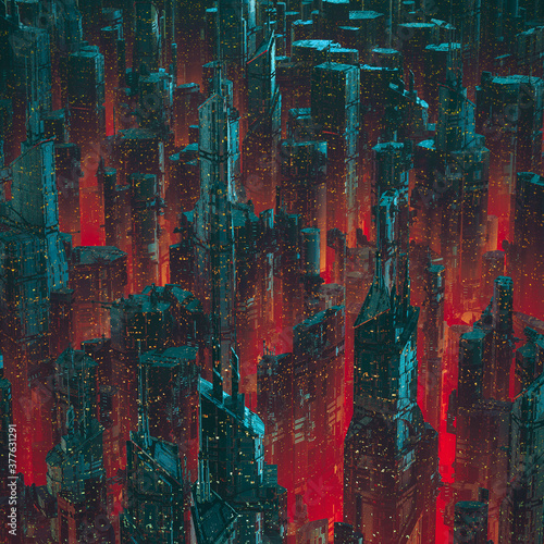 Fotografie, Obraz Capital city of the future / 3D illustration of dark towering futuristic science