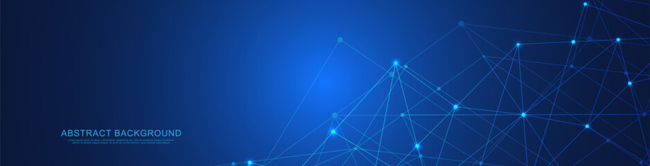 Website header or banner design with abstract geometric background and connecting dots and lines. Global network connection. Digital technology with plexus background and space for your text.