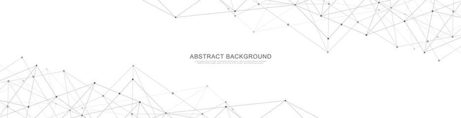 Website header or banner design with abstract geometric background and connecting dots and lines. Global network connection. Digital technology with plexus background and space for your text.