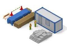 Material Storage Area At The Construction Site. Workers Resting At The Rest Area. A Person Who Works At A Construction Site. Isometric.