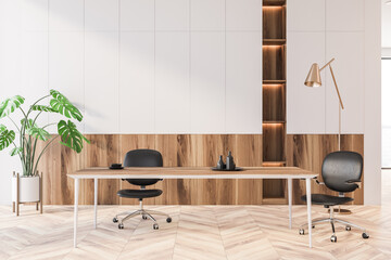 White and wooden home office interior