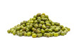 Pile of raw green mung beans seen from liw angle and isolated on white background