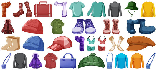 Set of fashion outfits and accessories on white background