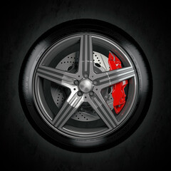 Wall Mural - Car wheel with red breaks on black background.