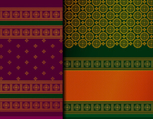 Indian Pattu Sari Vector pattern set. Traditional handmade Indian silk sari /saree with golden details, woman wear on festival, ceremony, and weddings.