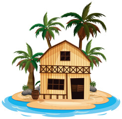 Poster - Scene with wooden house on the island on white background