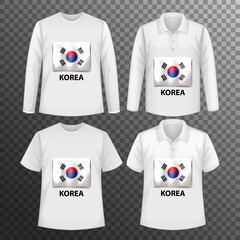 Set of different male shirts with Korea flag screen on shirts isolated